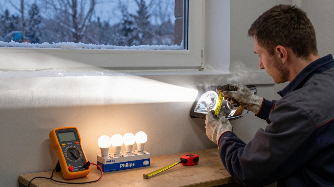 Механик регулирует фары автомобиля на стене, на заднем плане — снегопад и зимний закат, на столе — коробка с лампами Philips.