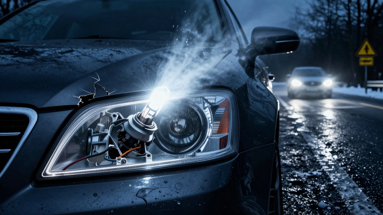 Неправильно установленный ксенон в фаре, свет которого ослепляет встречный автомобиль, рассеиваясь вверх.