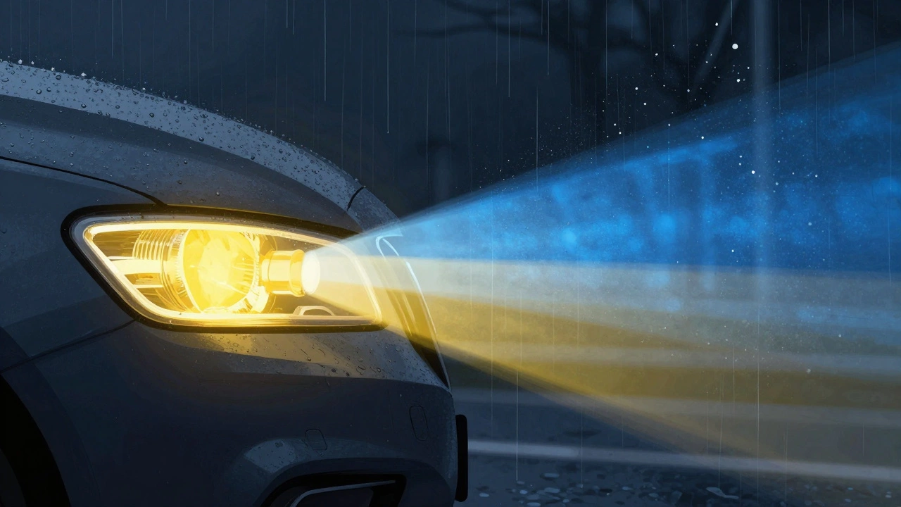 Разрез фары, показывающий, как тёплый свет фокусируется на дороге, а холодный свет рассеивается в каплях дождя.