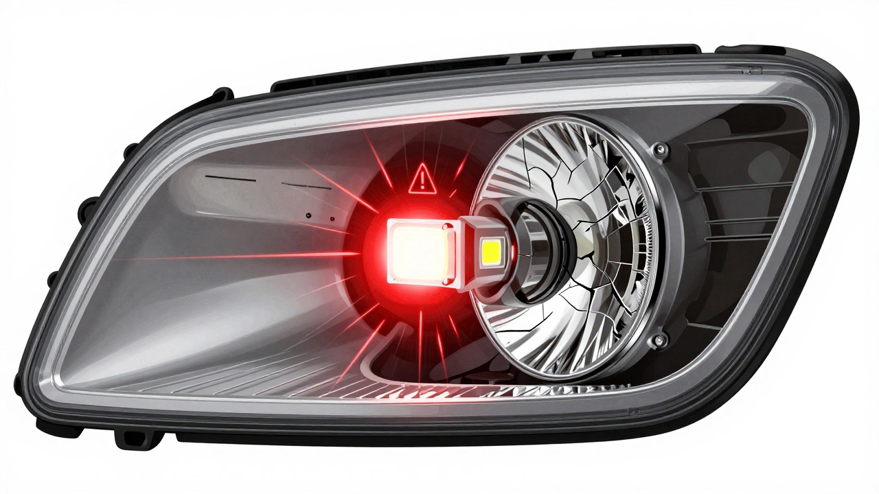 Разрез фары с LED-лампой без радиатора и неподходящим отражателем, с признаками перегрева.