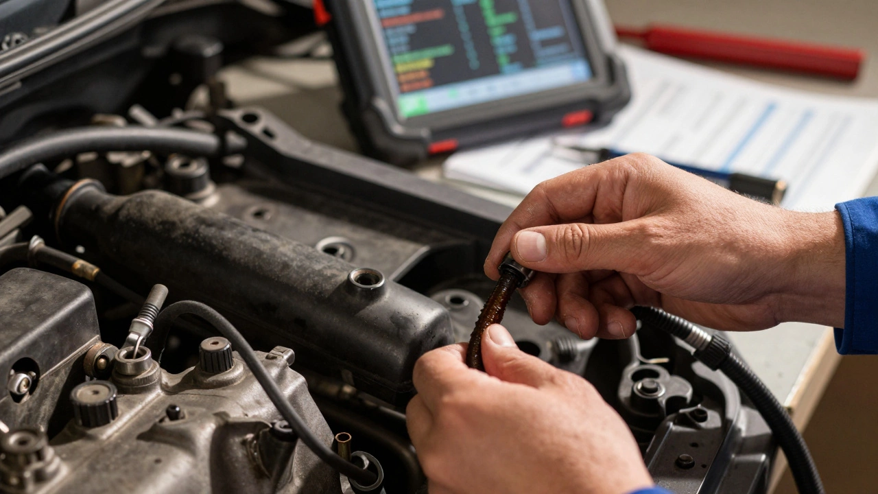Руки механика проверяют масляный щуп, на фоне диагностический планшет и инструменты.