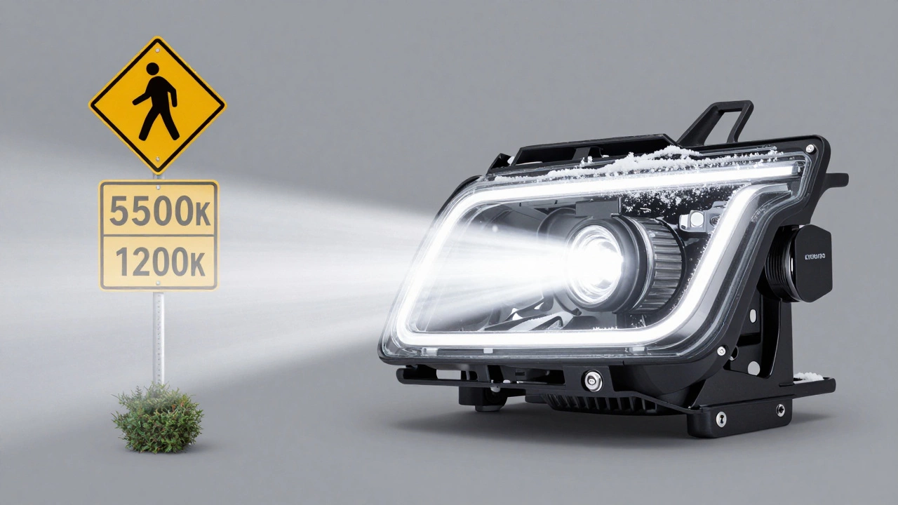 Сертифицированные светодиодные фары с чётким белым светом, ярко освещающие дорогу, знаки и обочины в снежную ночь.