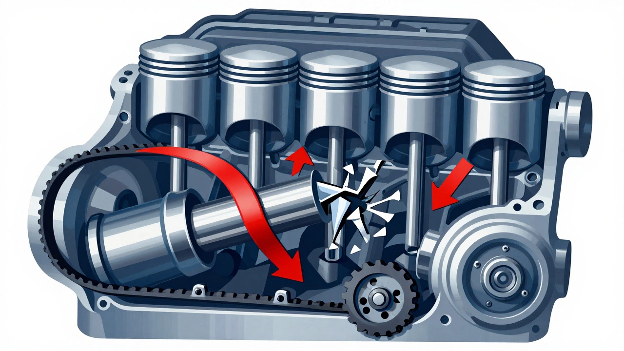 Схема двигателя с разрушенными клапанами и поршнями из-за обрыва ремня ГРМ.