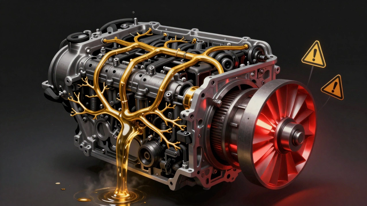 Схематичное изображение двигателя с распределением масла и участками без смазки.