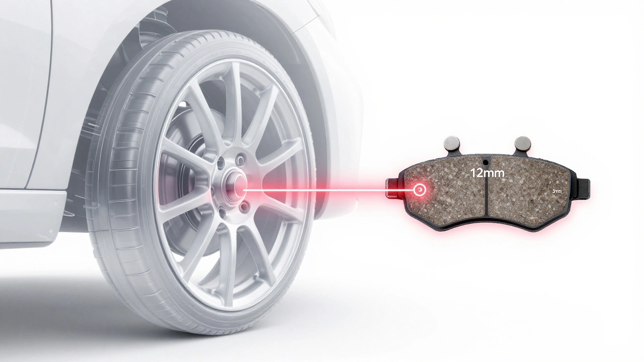 Схематичное сравнение новых и изношенных тормозных колодок с указанием порога в 3 мм.