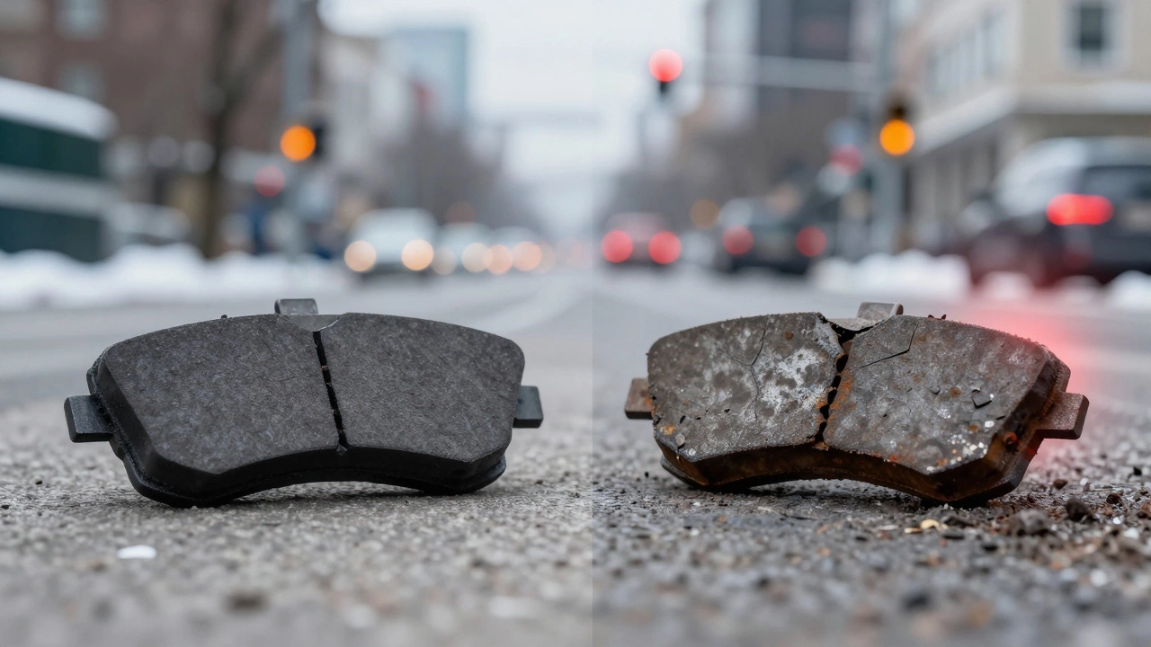 Сравнение новых и полностью стёртых тормозных колодок с видимыми трещинами и ржавчиной.