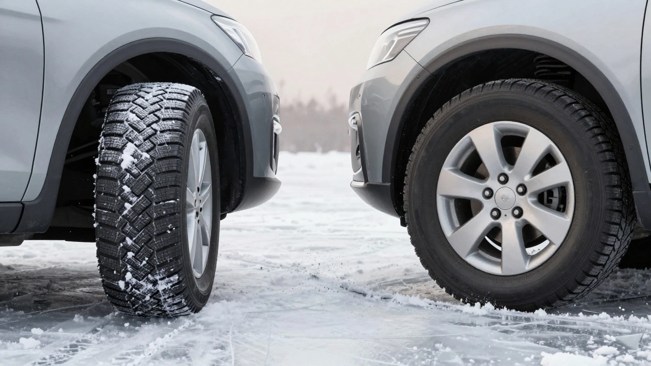 Сравнение зимней и всесезонной шины: одна цепляется за снег, другая скользит.