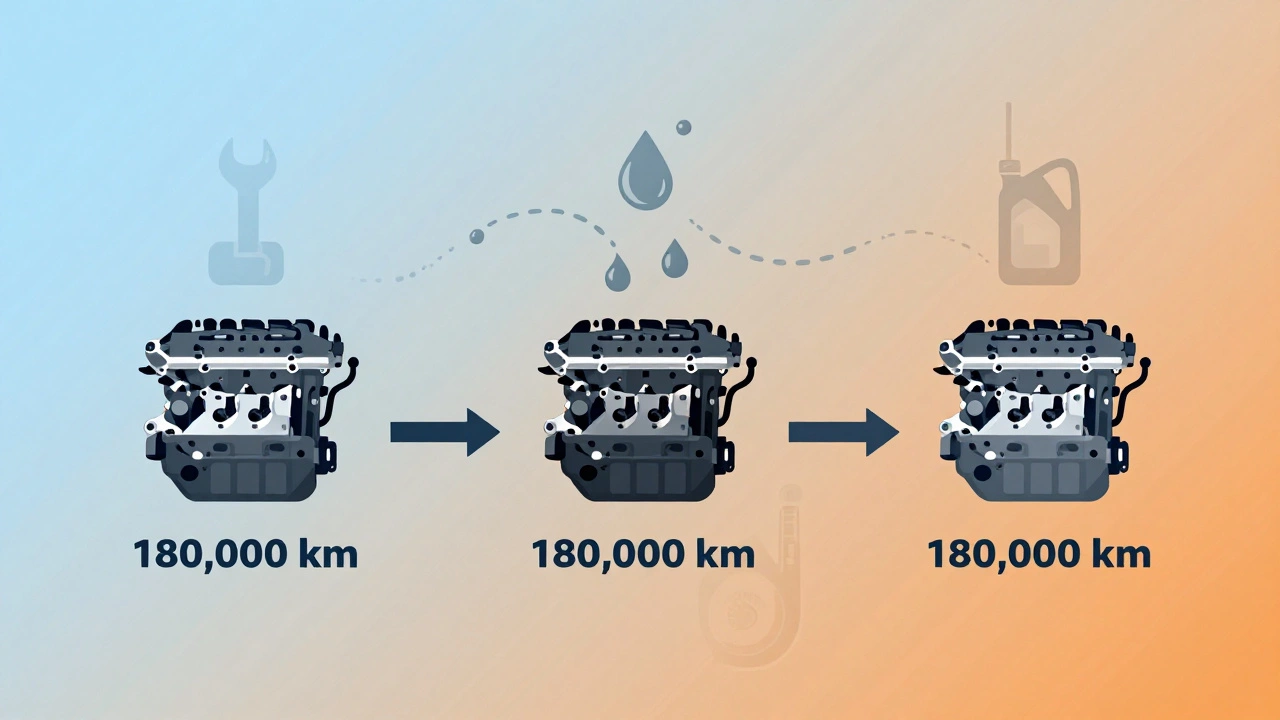 Визуальная хронология двигателя: от нового до течи и восстановления с символами обслуживания.