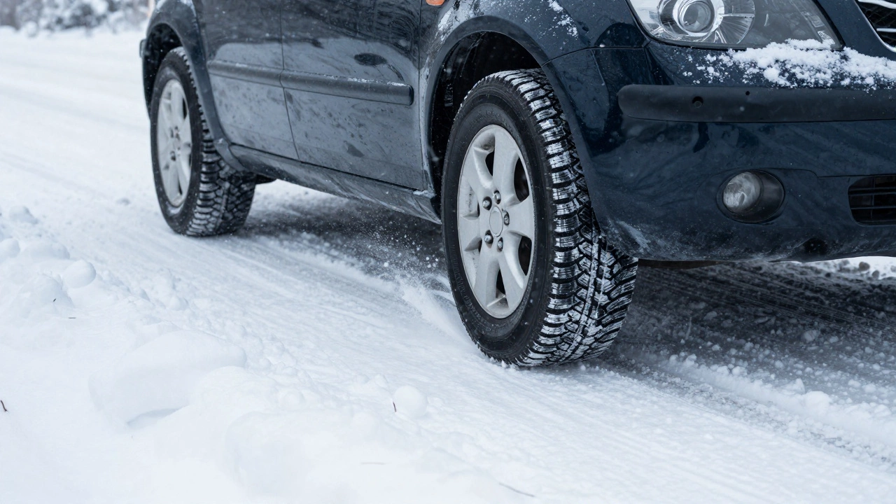 Автомобиль с летними шинами на снежной дороге, пробуксовка