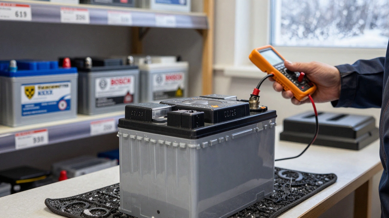 Батарея с датой производства 02/26 на фоне автосалона в Ярославле, рядом мультиметр.