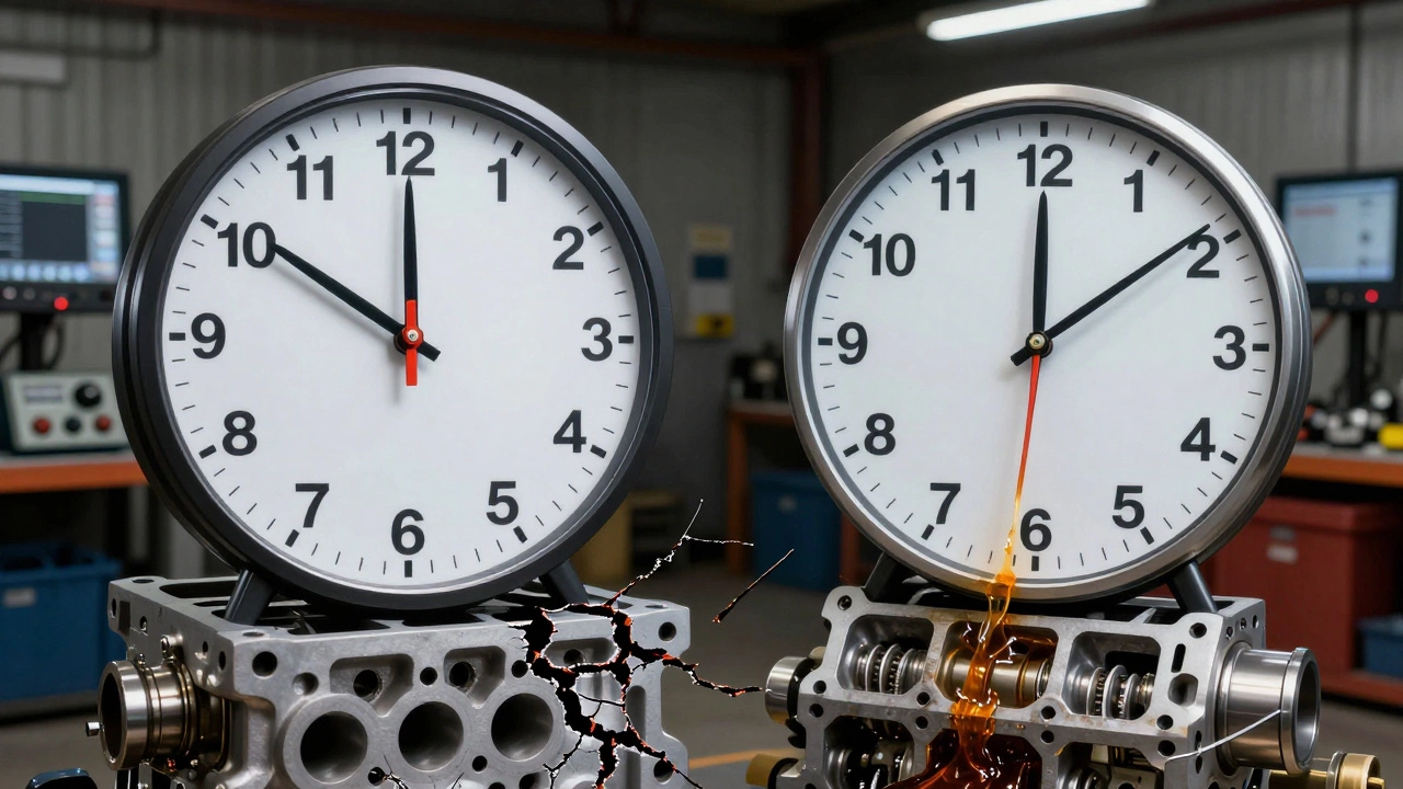 Два механизма: один медленно тикает с поврежденным двигателем, другой — с равномерной смазкой, символизируя разницу между вредной и правильной ездой.