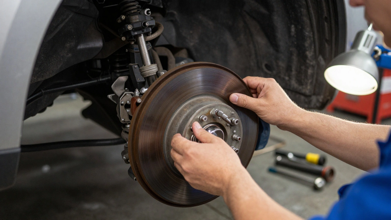 Механик аккуратно тормозит в гараже, показывая правильную притирку новых тормозных колодок.