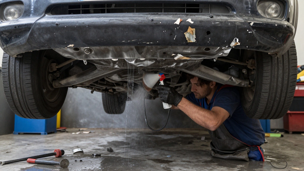 Механик наносит антикоррозийное покрытие на очищенное днище автомобиля в гараже Ярославля.