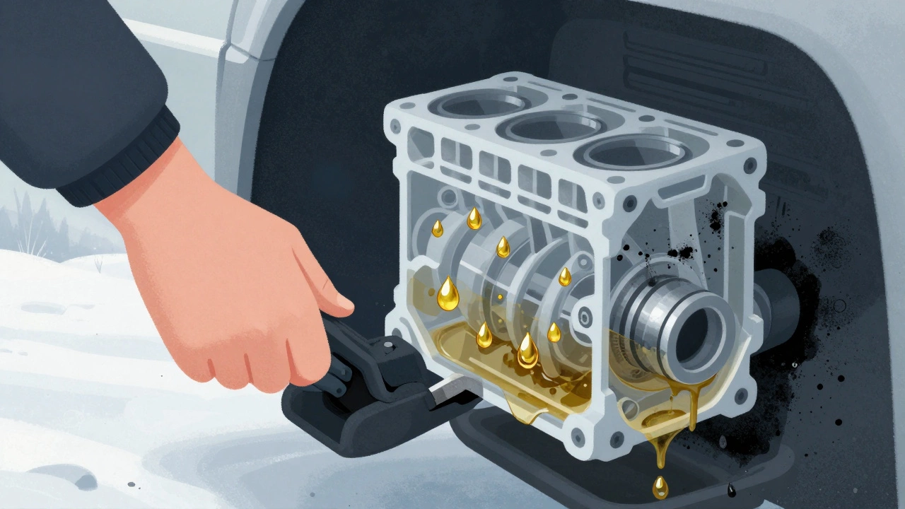 Прозрачный двигатель с неравномерной смазкой, углеродные отложения на клапанах и топливо, просачивающееся в масло, на фоне морозного пейзажа.