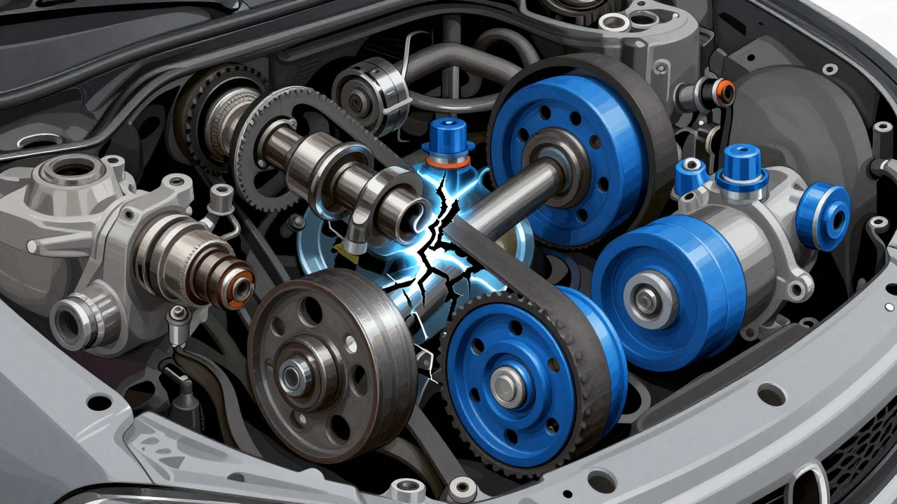 Разрез двигателя: изношенные детали в сером и новые — в синем, символизирующие риск замены только ремня.