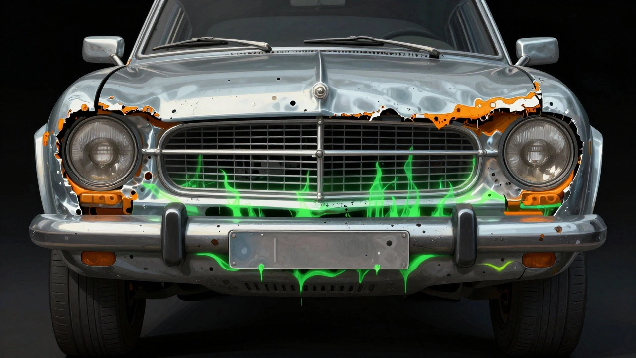 Разрез кузова старой машины: коррозия и защитный гель, визуализирующие борьбу с ржавчиной.