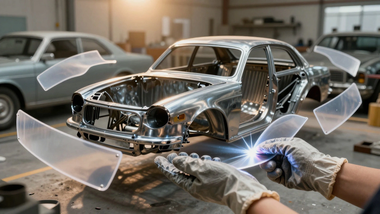 Руки держат обнажённый металлический каркас старинного автомобиля, в процессе восстановления.