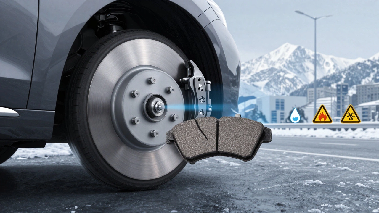 Схема тормозной системы: новые колодки постепенно прирабатываются на пути 500 км, с предупреждениями о перегреве и влажности.