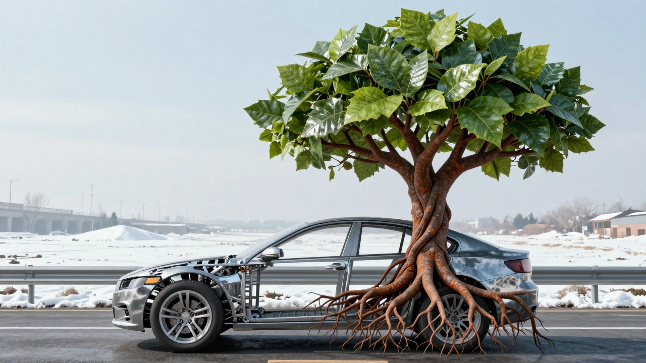 Схематичное изображение кузова автомобиля, превращающегося в дерево с корнями из защитных сплавов.