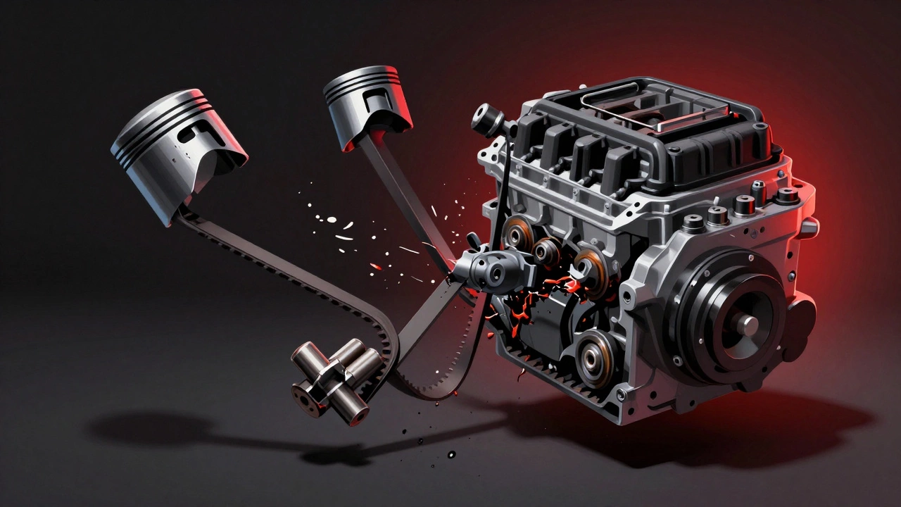 Сломанный ремень ГРМ вызвал столкновение поршня и клапана внутри двигателя.