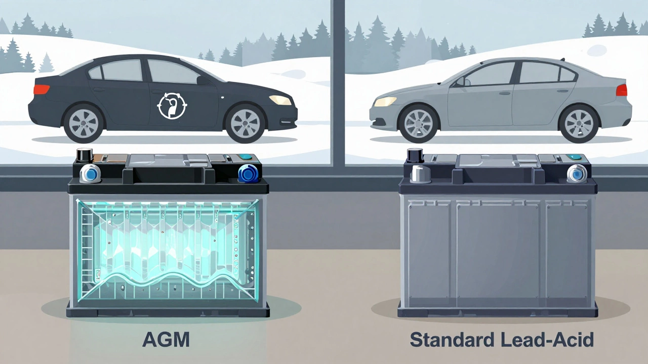 Сравнение двух типов автомобильных аккумуляторов: AGM и свинцово-кислотного.