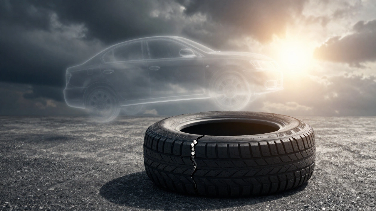 Старая треснувшая шина на асфальте под солнцем, с призрачным контуром аварии.