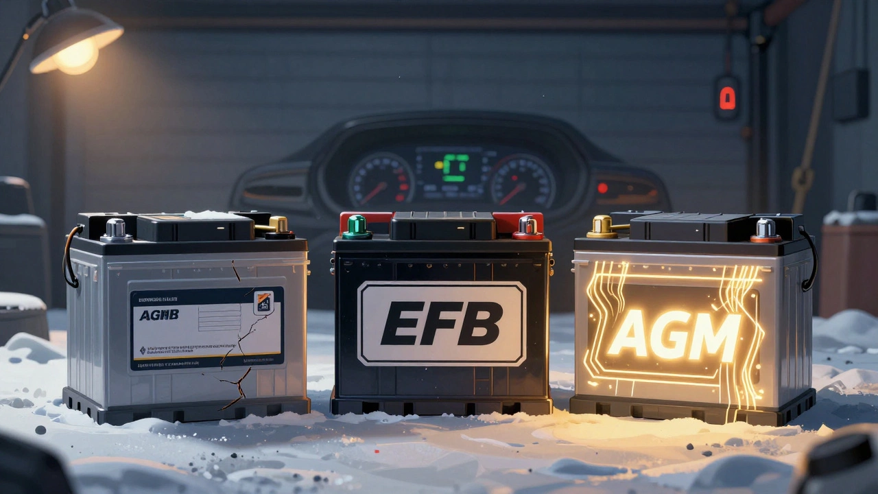 Три типа автомобильных аккумуляторов в снежном гараже: свинцово-кислотный, EFB и AGM с энергетическими линиями.