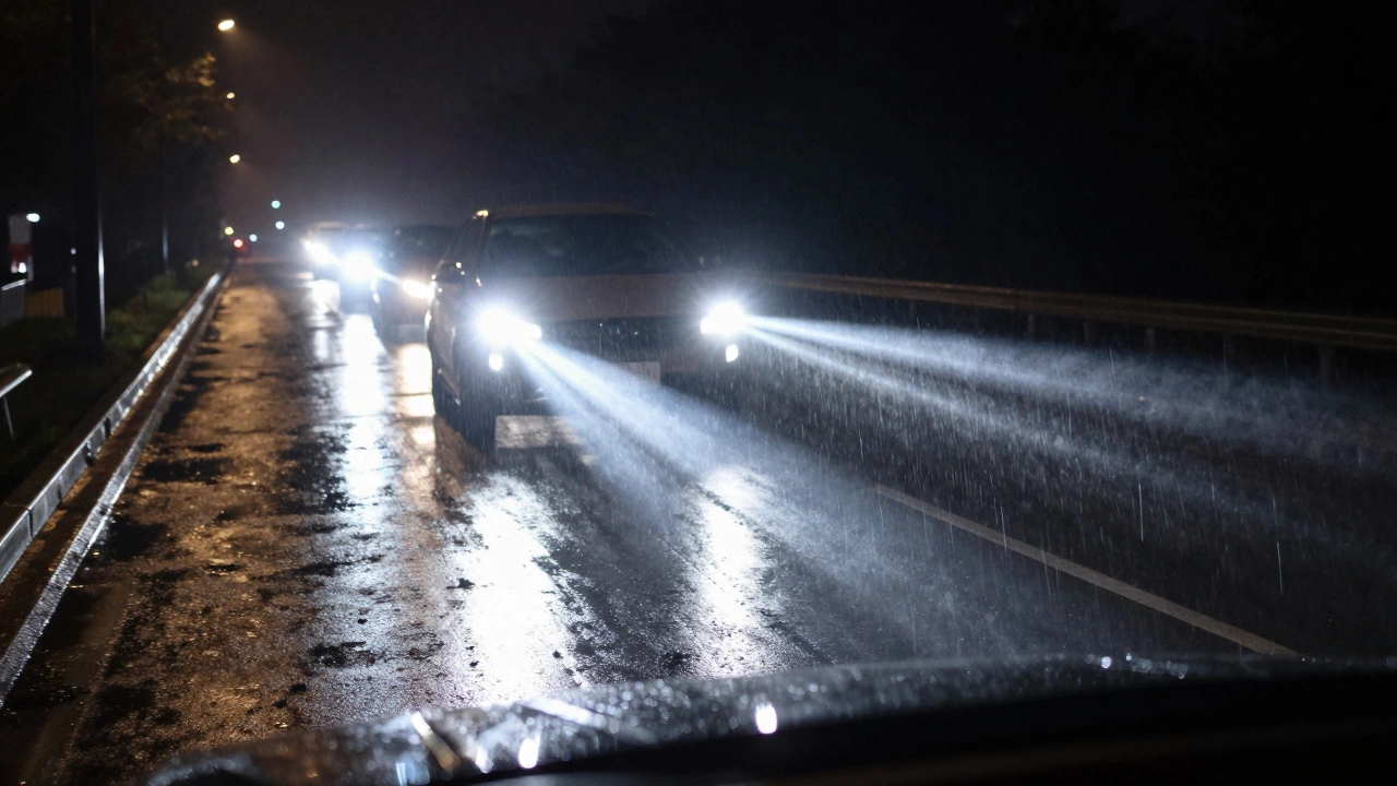 Ярко светящаяся фара ослепляет встречных водителей на дороге ночью