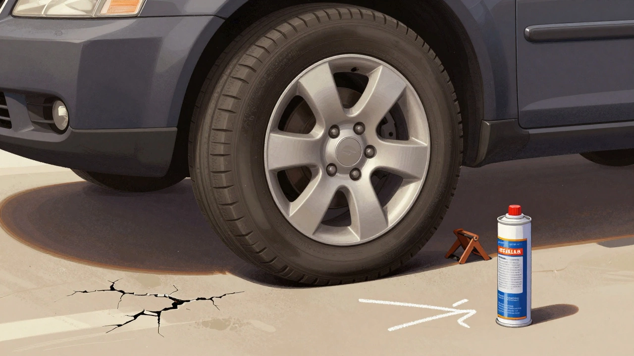 Колесо автомобиля с плоским участком, поднятое домкратом, рядом — маркер и средство для защиты шин.