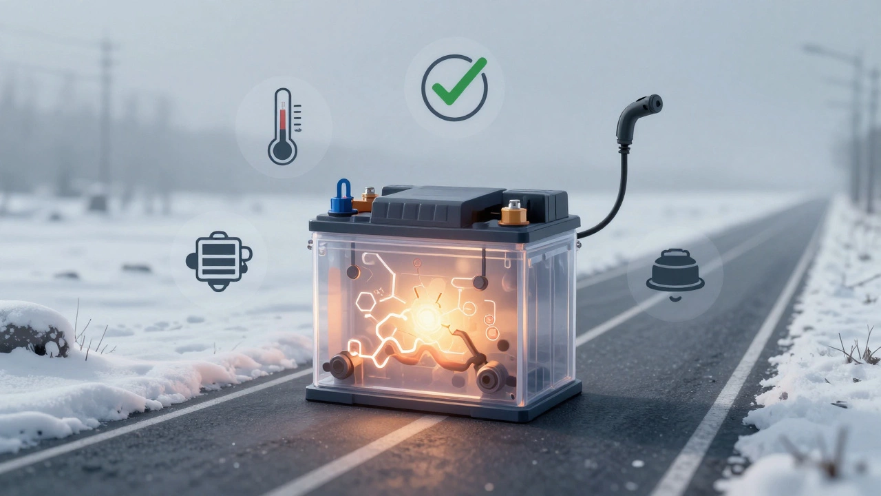 Концептуальное изображение аккумулятора с внутренними химическими процессами, символизирующими зимний уход и зарядку.