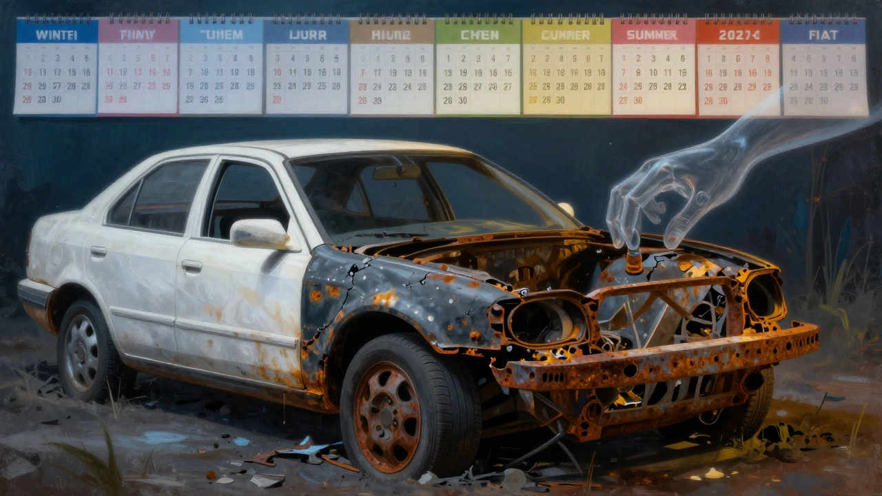 Концептуальное изображение автомобиля, постепенно разрушающегося от длительной стоянки, с противопоставлением повреждений и обработки.