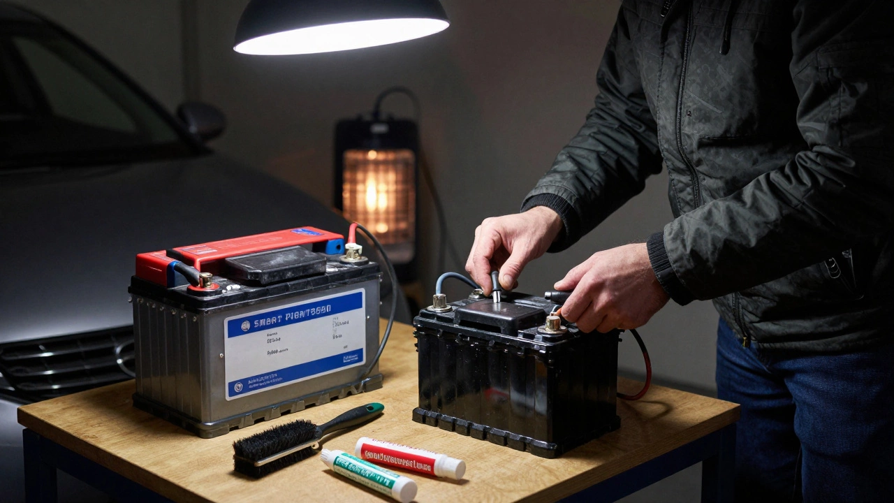 Мужчина подключает умное зарядное устройство к аккумулятору в гараже, рядом — очищаемые клеммы и инструменты.