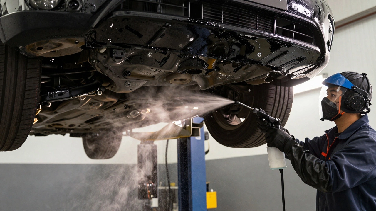 Нанесение защитного битумного состава на днище машины в сервисе.