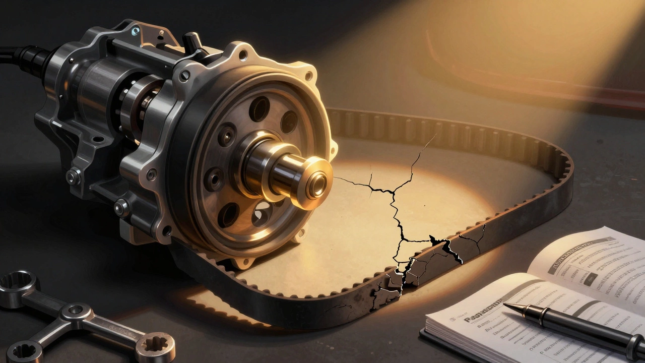 Новый ремень ГРМ в свете, рядом — изношенный в тени, с инструментами и руководством.