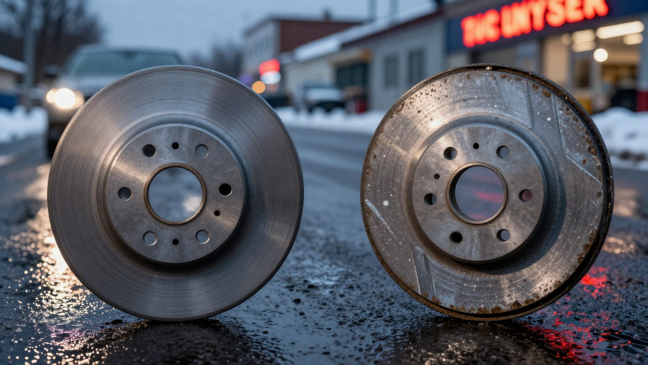 Оригинальный и поддельный тормозные диски на зимней дороге — контраст качества и безопасности.