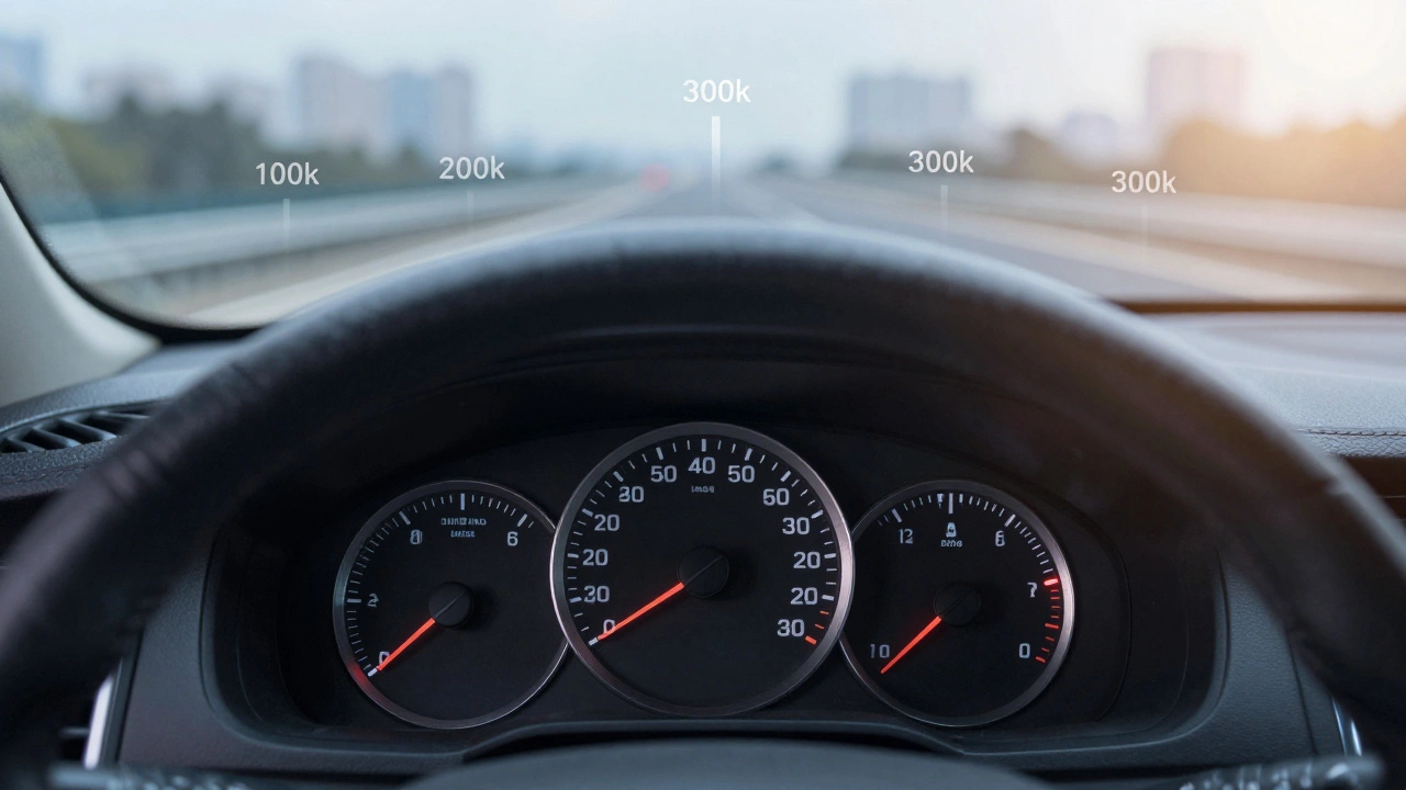 Панель приборов с нормальными показаниями и дорогой, отмечающей 300 000 км пробега.