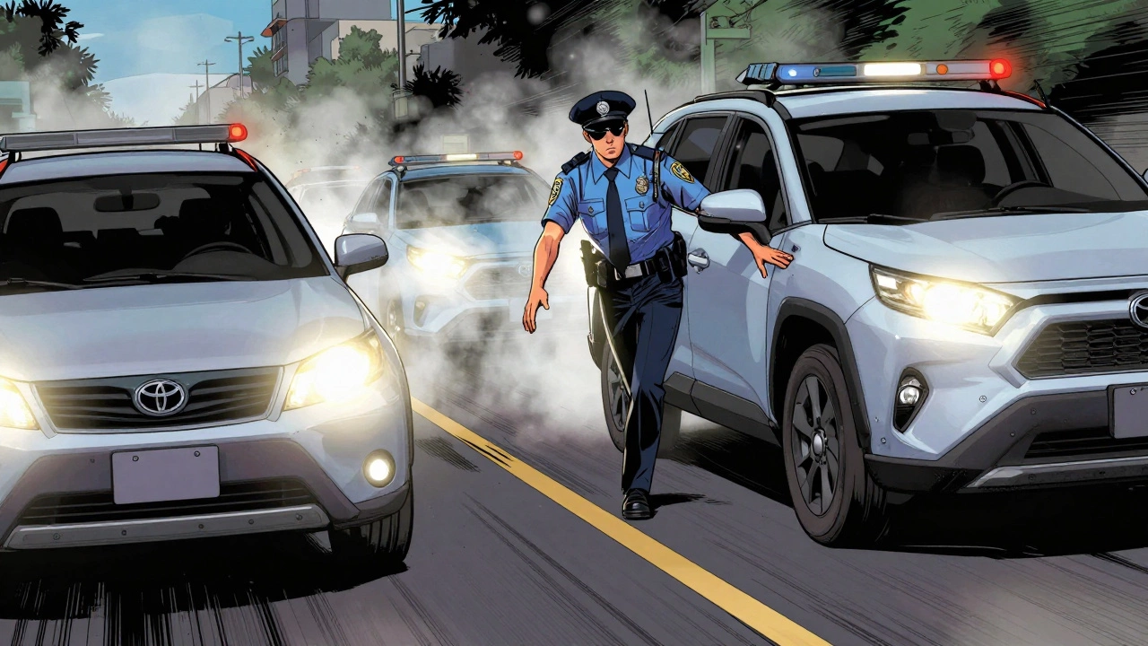 Полицейский останавливает автомобиль с незаконно яркими фарами, вызывающими ослепляющий свет в тумане, рядом — законная фара.