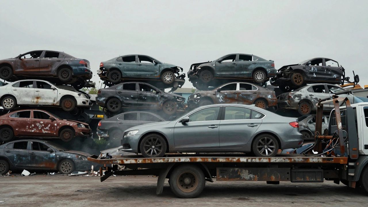 Полигон утилизации старых автомобилей под пасмурным небом