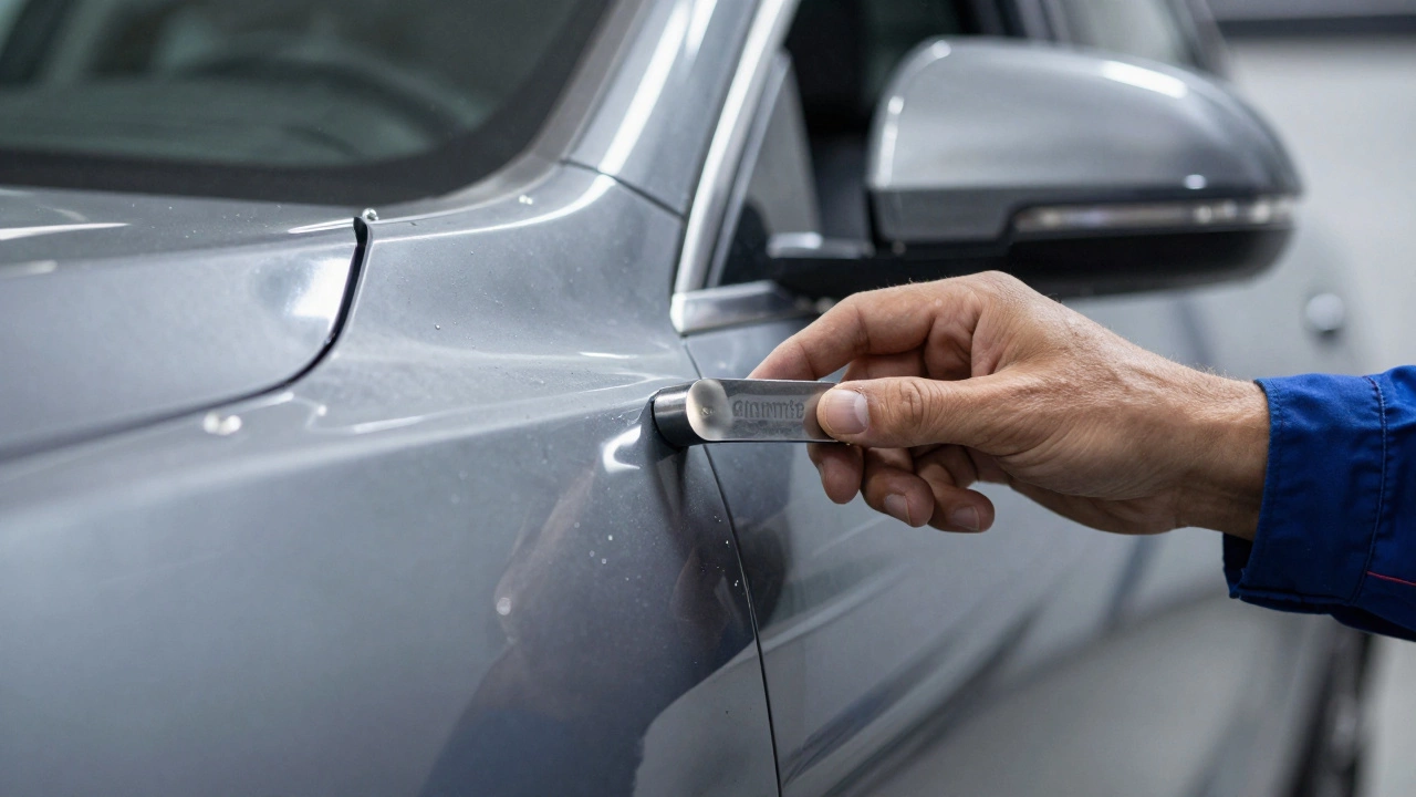 Проверка толщины металла кузова специальным магнитом на подъемнике.