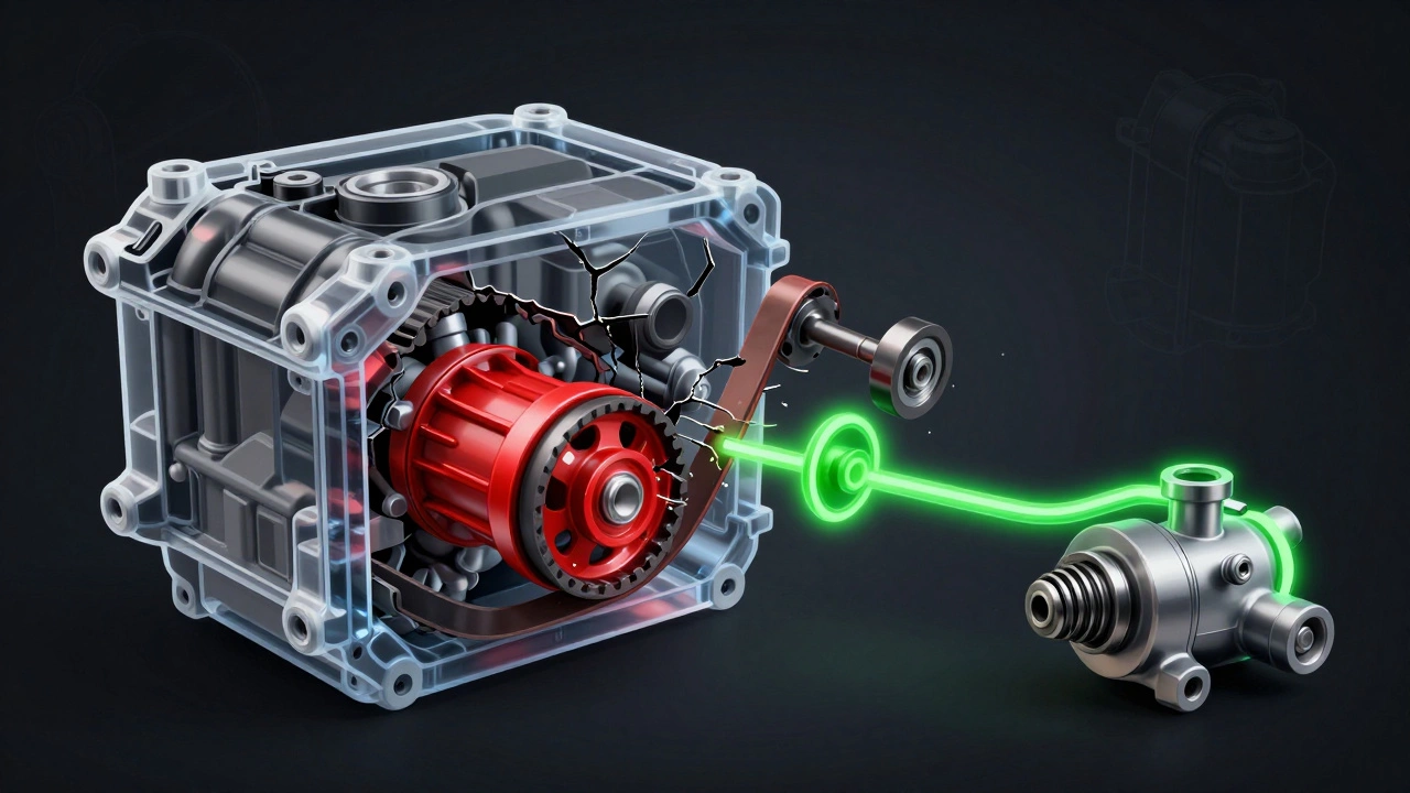 Прозрачный двигатель с показом отказа ремня ГРМ и связанных деталей против новых запчастей.