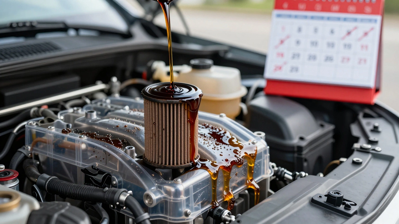 Прозрачный разрез двигателя, показывающий стареющие жидкости: масляный осадок, влага в тормозной жидкости и смолистые отложения в топливной системе.