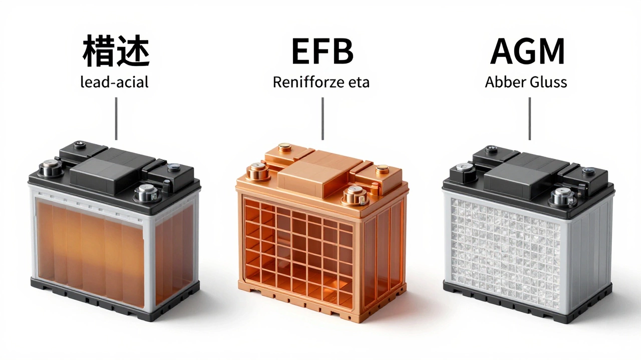 Разрез трёх типов автомобильных аккумуляторов для сравнения технологий