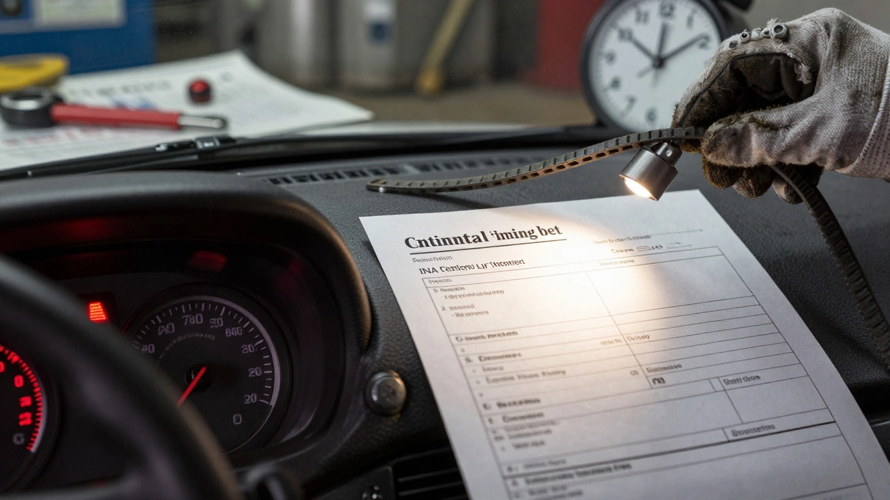 Счет за замену ремня ГРМ с указанием запчастей и временем работы, рядом с предупреждающим огнем.