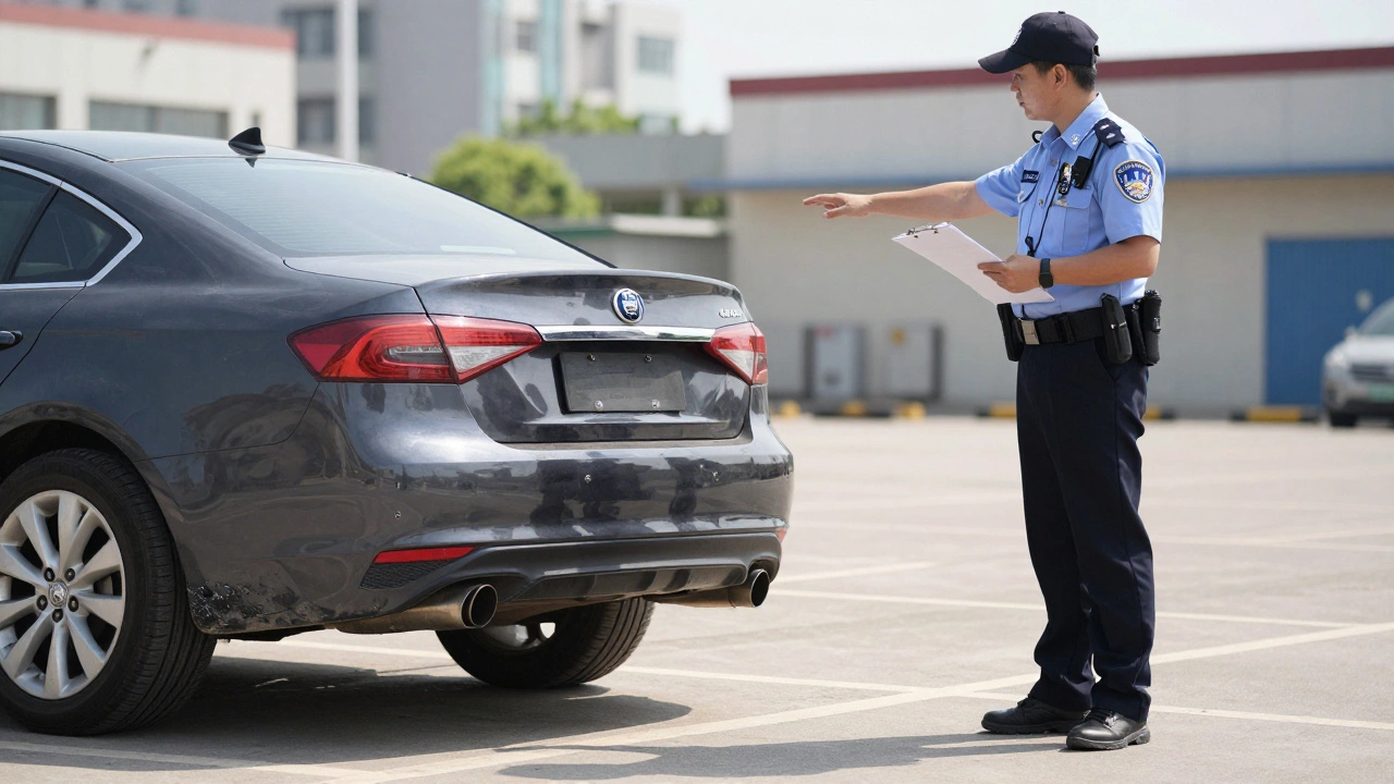 Сотрудник полиции осматривает измененный выхлоп системы на автомобиле