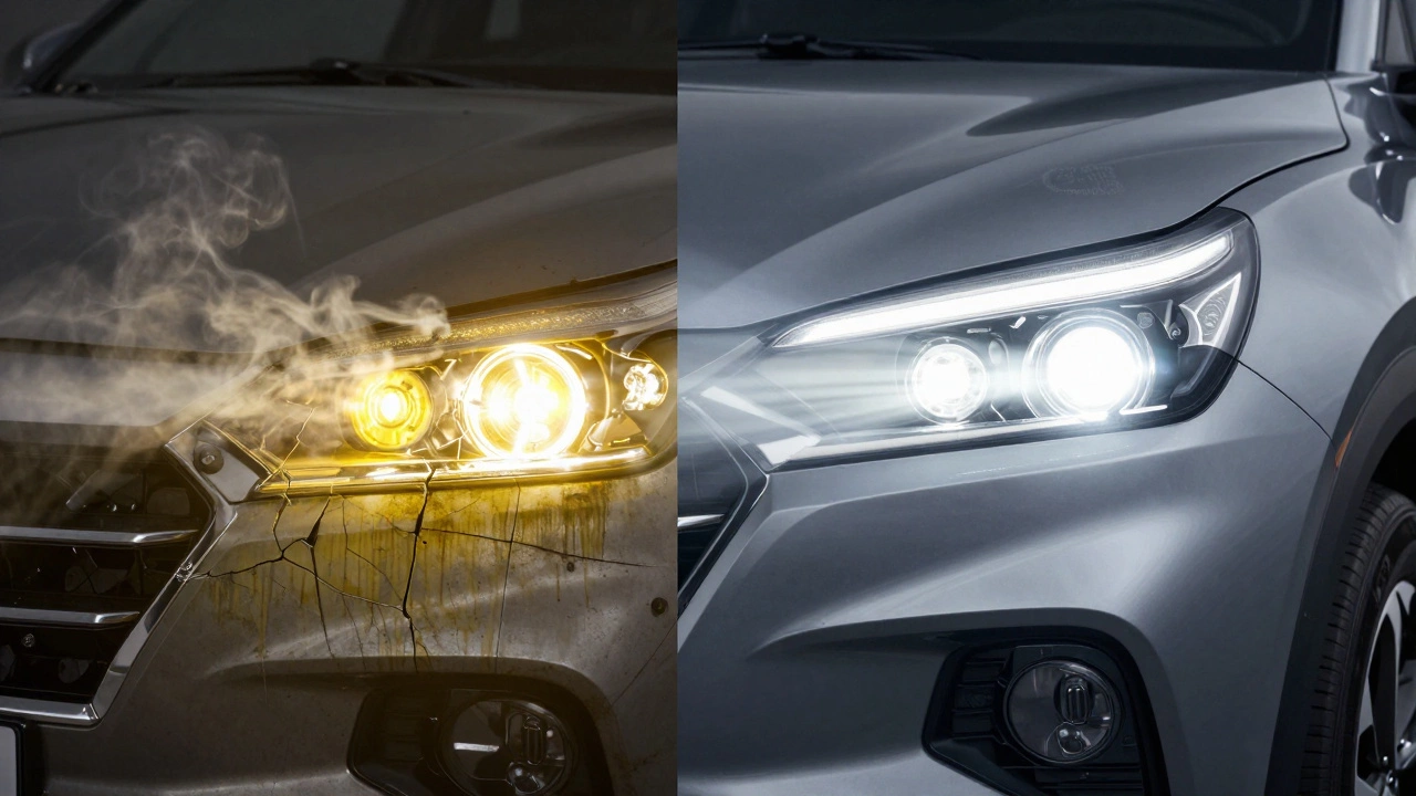 Сравнение: поврежденная фара с поддельными лампами и оригинальная фара с правильным светом, с подсветкой стандарта ECE R112.