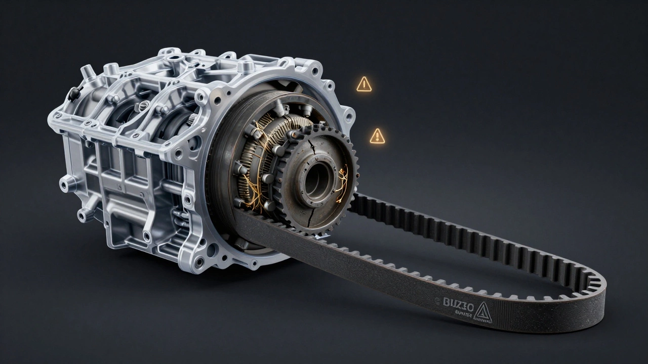 Старый изношенный ремень ГРМ рядом с новым, показывающий усталость резины и армирования.