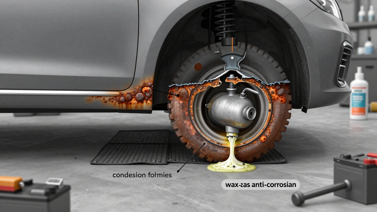 Технический разрез днища автомобиля с обозначенными зонами коррозии и нанесением антикоррозийного состава.