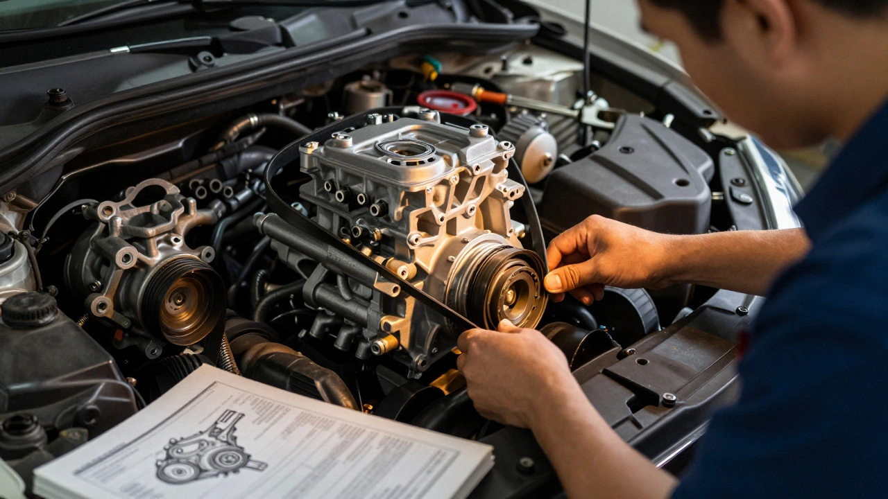 Техник устанавливает новый водяной насос под крышкой ремня ГРМ в автосервисе.