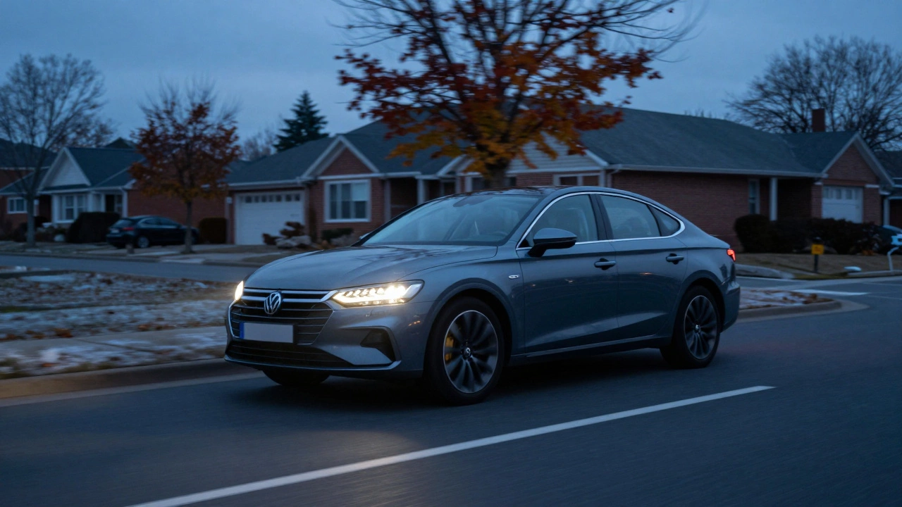 Автомобиль едет по дороге в холодную погоду для прогрева двигателя перед заменой масла