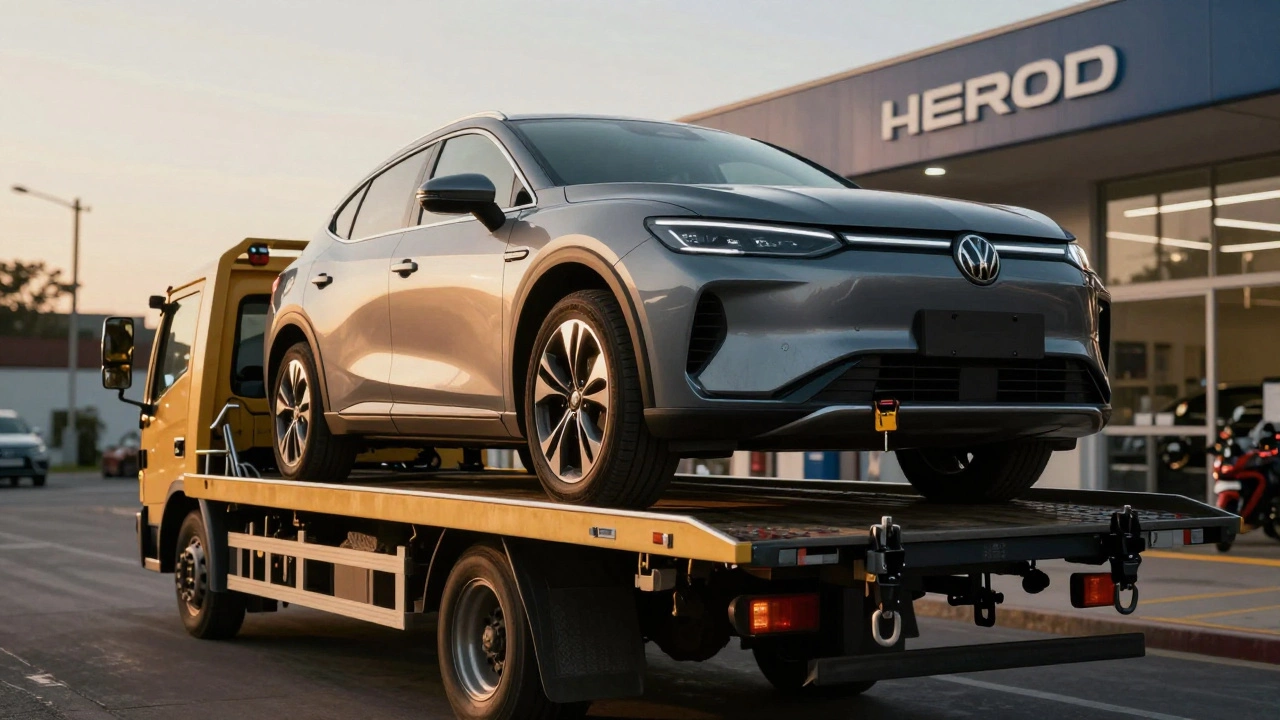 Автомобиль на эвакуаторе, едущий в автосервис для ремонта двигателя